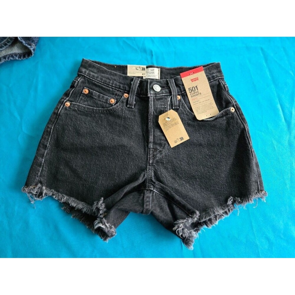 Levi's 501 Curve Denim Shorts Black High Rise Raw Hem Distressed Womens 24 Waist
